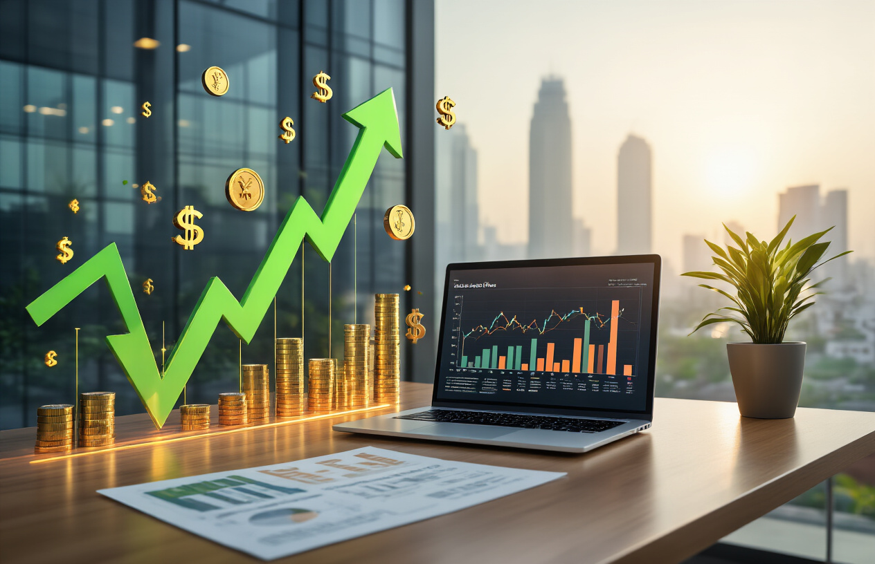 Create a realistic image of a modern Indian financial office setting with upward trending green arrow graphics and growth charts floating in the air, Indian rupee currency symbols subtly integrated into the background, sleek glass buildings visible through large windows representing India's economic landscape, warm professional lighting with a hopeful and optimistic mood, clean contemporary desk with financial documents and a laptop displaying fund performance graphs, potted plants suggesting organic growth, absolutely NO text should be in the scene.