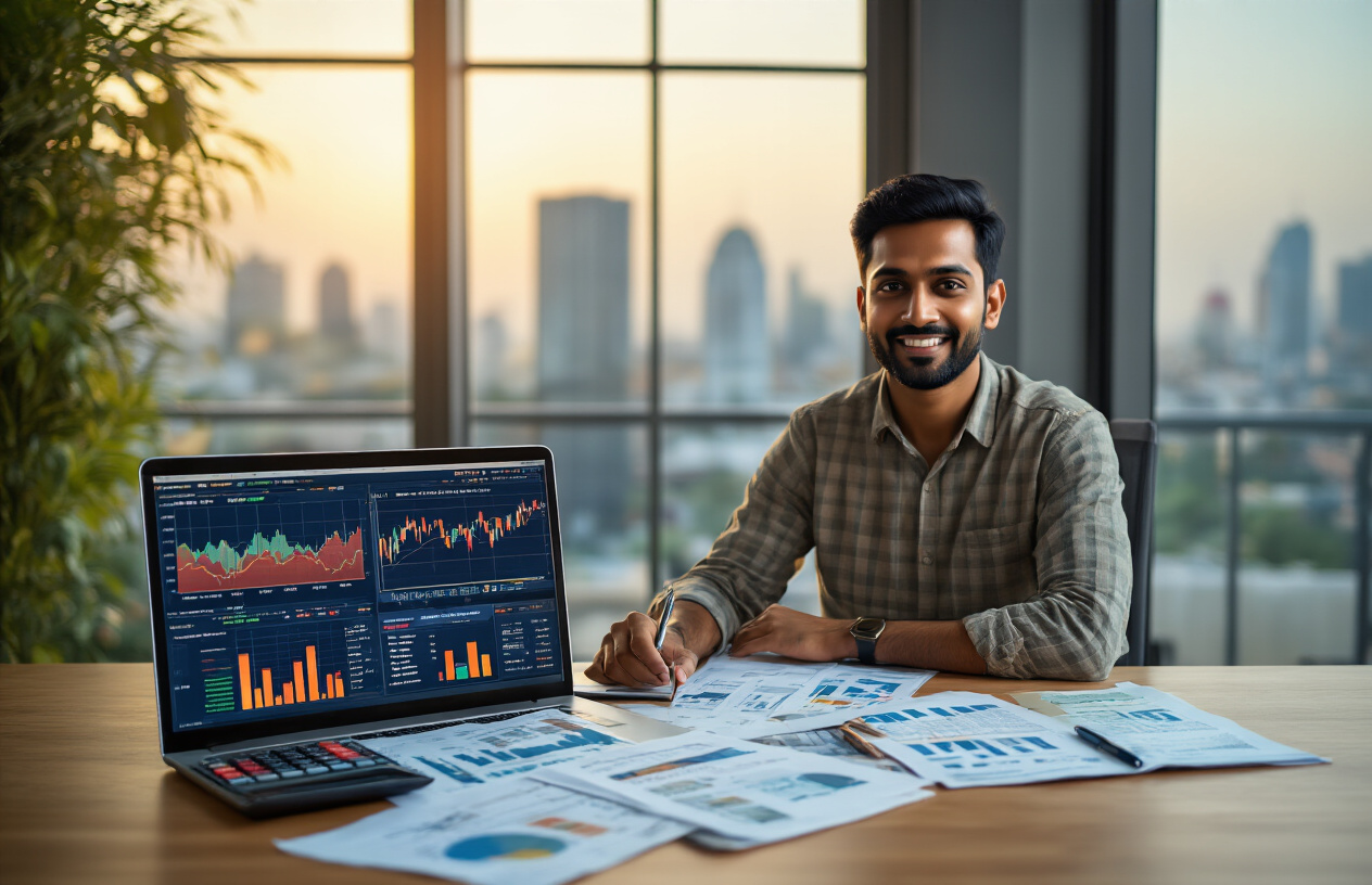Create a realistic image of an Indian male investor in his 30s sitting at a modern desk with a laptop displaying colorful financial charts and graphs, with physical documents showing mutual fund statements and stock certificates spread on the desk, a calculator and pen nearby, warm natural lighting from a window creating a professional yet approachable atmosphere, the background showing a blurred cityscape suggesting growth and opportunity, the scene conveying confidence and informed decision-making about financial investments, absolutely NO text should be in the scene.