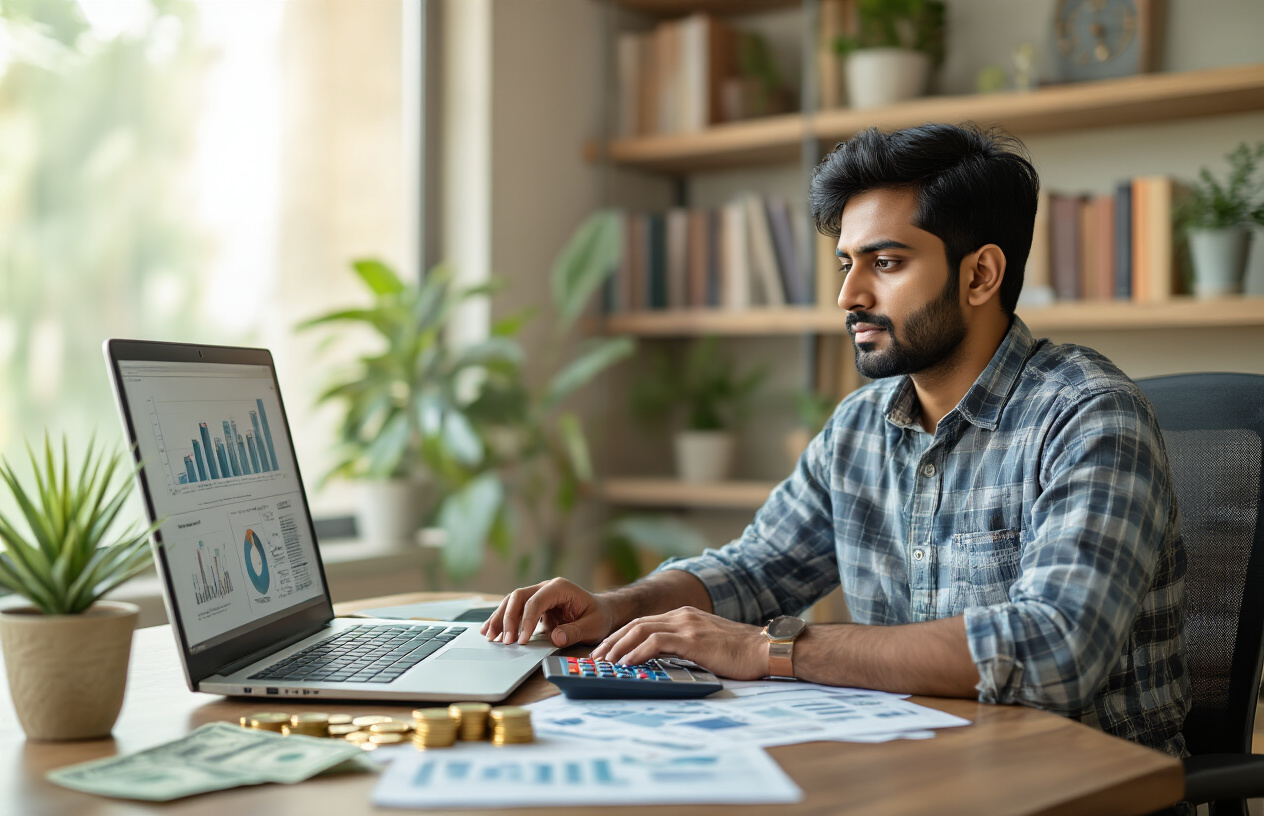 Create a realistic image of an Indian male in his 30s sitting at a modern desk with a laptop, calculator, and financial documents spread out, looking thoughtful while reviewing charts and graphs on his computer screen, with Indian rupee notes and coins visible on the desk, warm natural lighting from a window, modern home office background with bookshelves containing finance books, plants adding life to the space, creating a focused and contemplative mood about financial planning and passive income strategies, absolutely NO text should be in the scene.