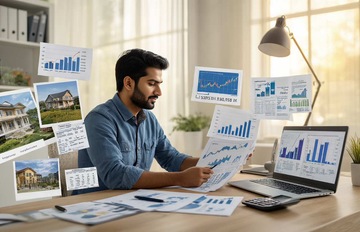 Create a realistic image of an Indian male in his 30s sitting at a modern desk with multiple investment documents, stock charts, and a laptop displaying financial graphs, surrounded by visual representations of passive income sources like real estate property photos, dividend stock certificates, and mutual fund portfolios spread across the workspace, with a calculator and pen nearby, in a well-lit home office setting with warm natural lighting from a window, creating a professional and focused atmosphere that conveys financial planning and investment strategy, absolutely NO text should be in the scene.