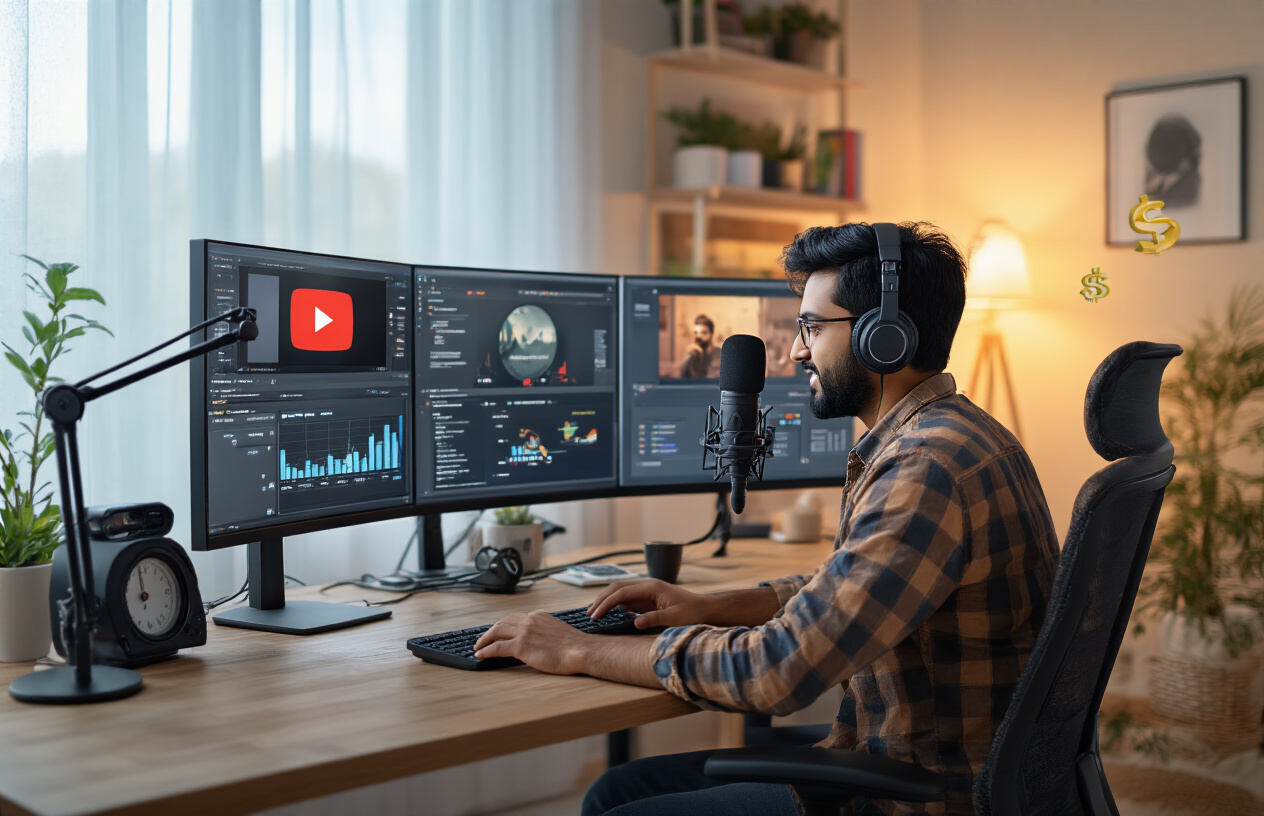 Create a realistic image of an Indian male content creator sitting at a modern home office desk with multiple screens displaying various digital platforms like YouTube, podcasting software, and online course interfaces, surrounded by professional recording equipment including a microphone, ring light, and camera, with passive income charts and analytics visible on one monitor, warm ambient lighting creating a productive atmosphere, and money symbols or revenue streams subtly integrated into the background design. Absolutely NO text should be in the scene.