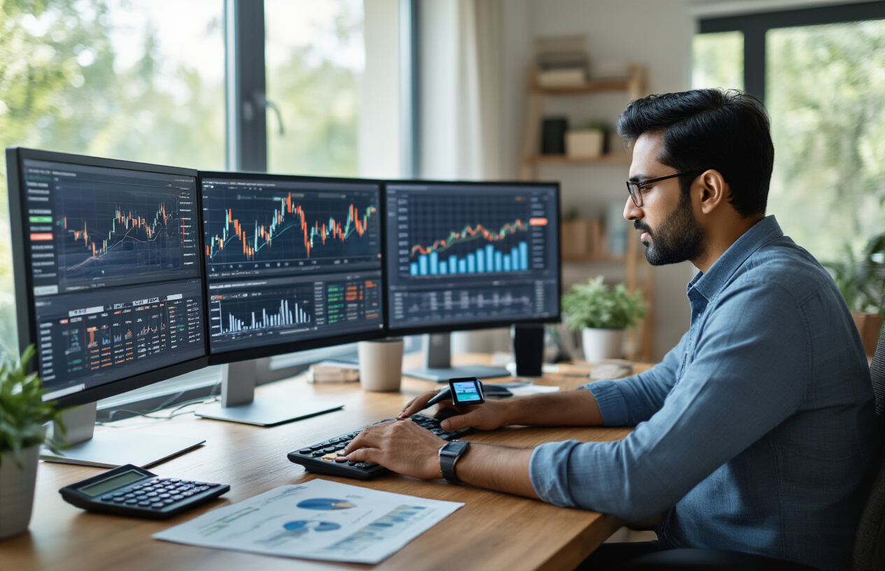 Create a realistic image of an Indian male in his 30s sitting at a modern desk with multiple computer monitors displaying financial charts, graphs showing upward trending performance metrics, and investment portfolio dashboards, with a calculator, smartphone showing market data, and financial documents spread across the desk, set in a well-lit contemporary home office with warm natural lighting from a window, creating a professional and successful atmosphere that conveys active monitoring of performance-based income streams, absolutely NO text should be in the scene.