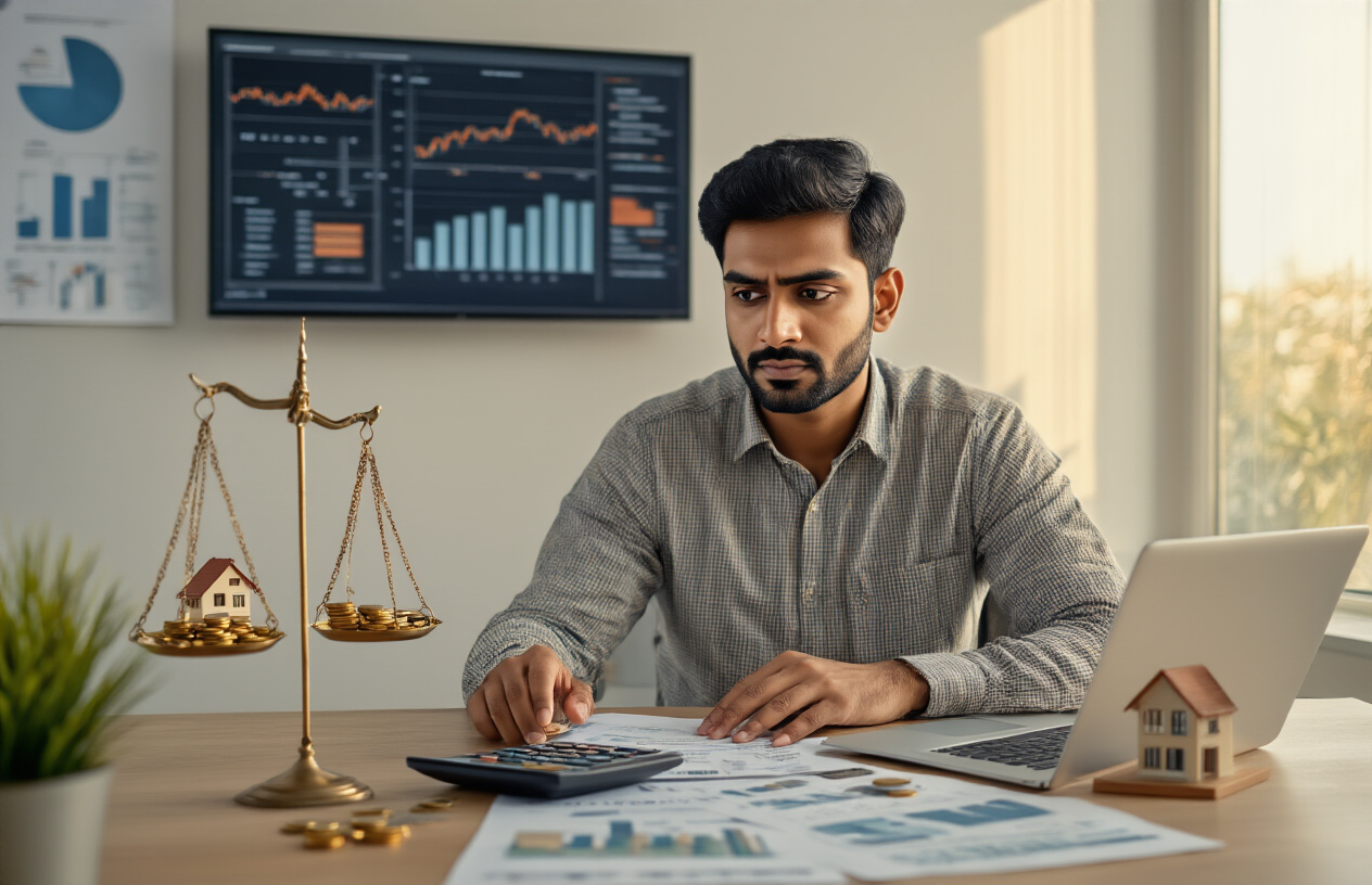 Create a realistic image of an Indian male in his 30s sitting at a modern desk with a laptop, calculator, and financial documents spread out, with a balanced scale on the desk showing coins on one side and a small house model on the other, warm natural lighting from a window, professional home office setting with charts and graphs visible on a wall-mounted screen in the background, the man has a thoughtful expression while reviewing investment papers, absolutely NO text should be in the scene.