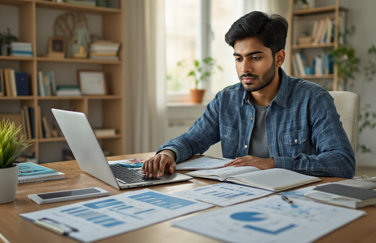 Create a realistic image of a young Indian male sitting at a modern desk with a laptop open, surrounded by organized financial planning materials including charts, graphs, and notebooks, with a bright and clean home office background featuring bookshelves and natural lighting from a window, conveying a focused and determined learning atmosphere as he strategically plans his passive income journey, absolutely NO text should be in the scene.