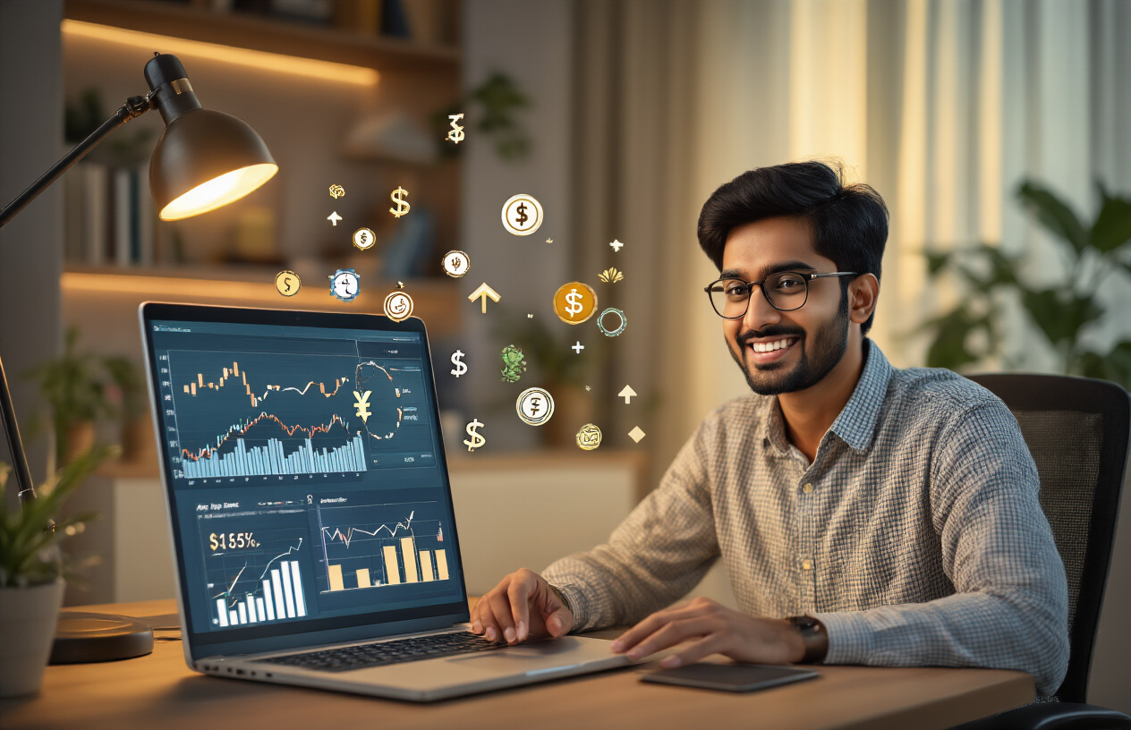 Create a realistic image of a young Indian male in his 30s sitting at a modern home office desk with a laptop open, looking satisfied and confident while reviewing financial charts and graphs on the screen, with Indian rupee symbols and upward trending arrows visible on a secondary tablet beside him, multiple passive income streams represented by small icons floating subtly around him including real estate, stocks, and digital content symbols, warm golden lighting from a desk lamp creating an atmosphere of success and achievement, modern Indian home interior in the background with bookshelves and plants, absolutely NO text should be in the scene.