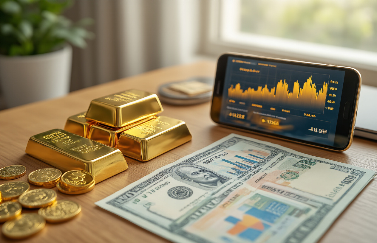 Create a realistic image of a modern financial planning scene showing three distinct investment options laid out on a clean wooden desk: gleaming physical gold bars and coins on the left, a smartphone displaying a digital gold investment app with golden graphics on the screen in the center, and mutual fund documents with colorful charts and graphs on the right, with Indian rupee notes worth ₹1 lakh neatly arranged in the foreground, soft natural lighting from a window creating gentle shadows, professional office environment in the background, warm and inviting atmosphere suggesting financial growth and decision-making, absolutely NO text should be in the scene.
