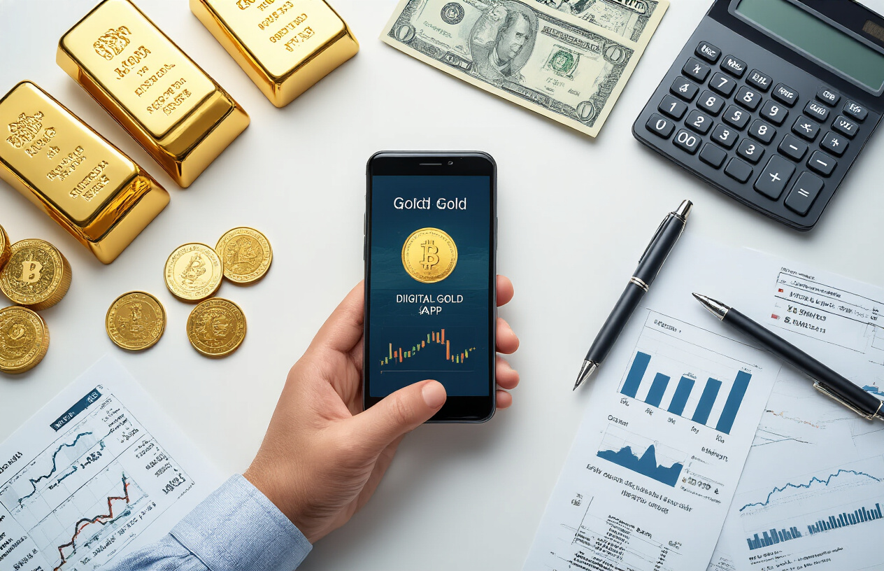 Create a realistic image of a modern financial analyst's desk from above showing three distinct sections representing different investment options: physical gold bars and coins on the left, a smartphone displaying digital gold trading app on the center, and mutual fund documents with charts on the right, surrounded by calculator, pen, rupee currency notes, financial graphs showing upward and downward trends, risk assessment charts, and return comparison tables spread across a clean white desk surface under bright professional lighting. Absolutely NO text should be in the scene.