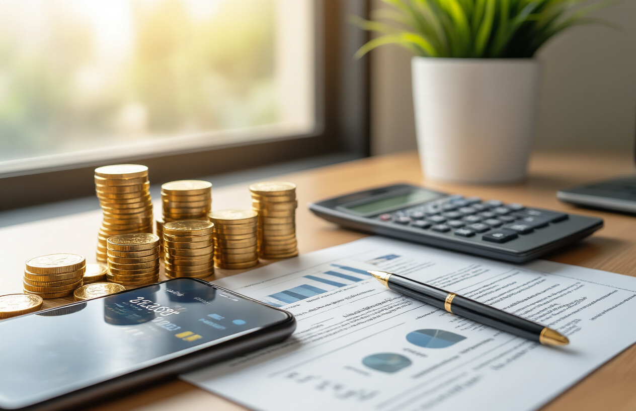 Create a realistic image of a clean, modern office desk setup showing investment accessibility concept with a smartphone displaying a digital investment app interface, a small pile of gold coins, and mutual fund documents spread on the desk, with a calculator and pen nearby, soft natural lighting from a window, professional business atmosphere, warm and inviting mood that suggests easy access to different investment options, absolutely NO text should be in the scene.