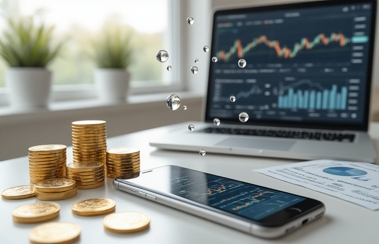 Create a realistic image of a modern financial concept showing liquidity and flexibility, featuring a clean white desk with a smartphone displaying a financial app with trading charts, physical gold coins scattered nearby, mutual fund certificates, and a laptop screen showing investment portfolio graphs, with flowing water droplets or liquid mercury symbolizing liquidity floating above the financial instruments, soft natural lighting from a window, professional indoor setting with a minimalist background, Absolutely NO text should be in the scene.