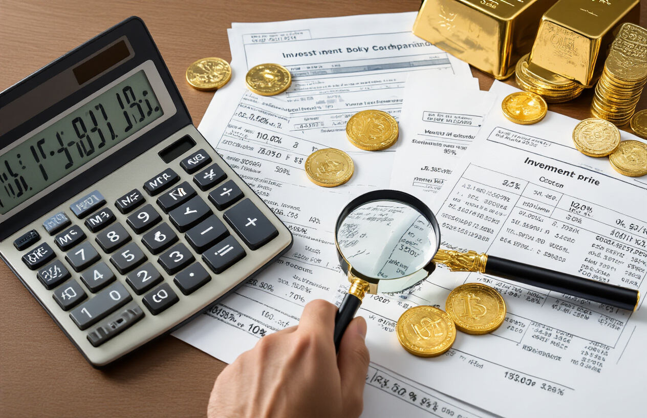 Create a realistic image of a modern desk setup with a calculator displaying numbers, scattered financial documents with percentage symbols and fee breakdowns, a magnifying glass examining fine print on investment papers, gold coins and gold bars arranged alongside mutual fund certificates, a laptop screen showing investment cost comparison charts, and a concerned Indian male investor in business attire reviewing the documents with a focused expression, set against a clean office background with warm natural lighting, absolutely NO text should be in the scene.