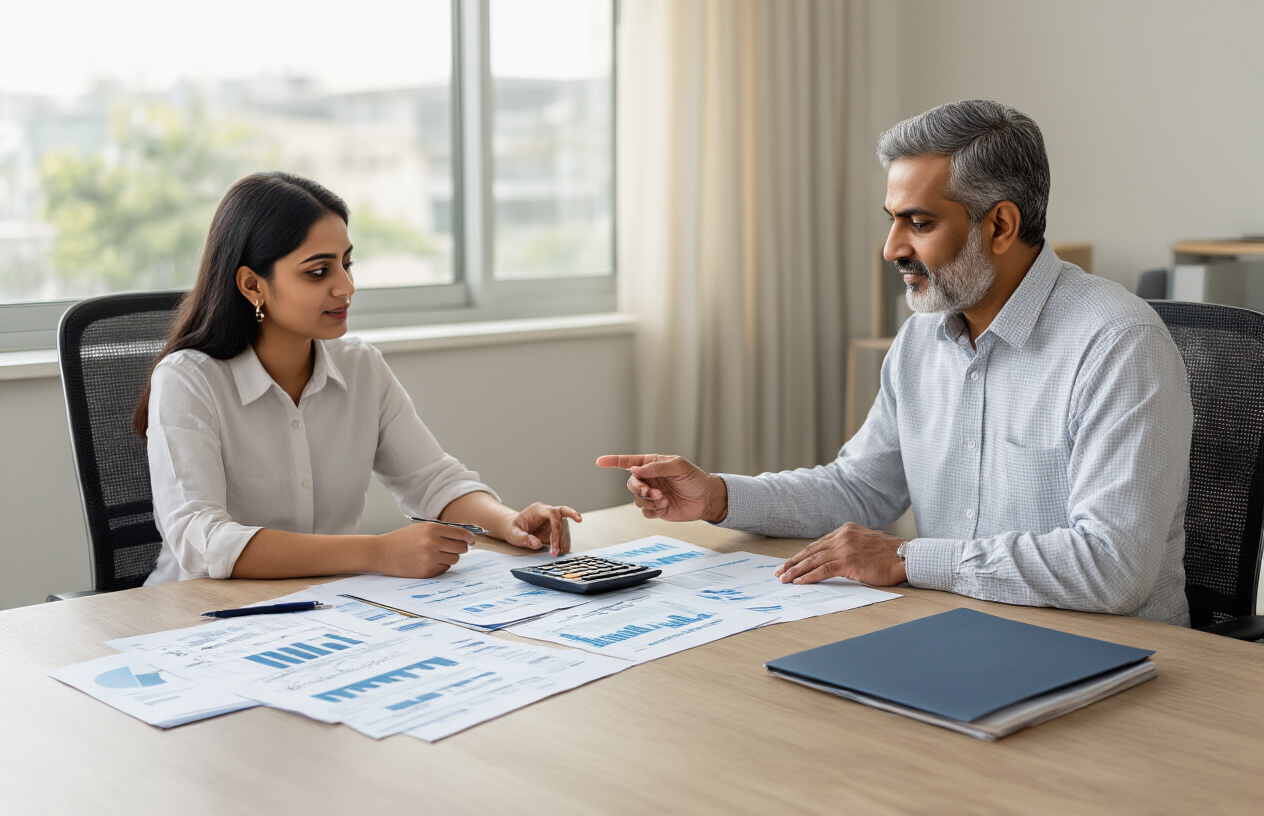 Create a realistic image of a professional tax consultation scene with a middle-aged Indian male financial advisor sitting at a modern office desk, pointing to tax calculation charts and documents spread across the table, with a calculator, pen, and folders nearby, while across from him sits a young Indian female client listening attentively, the office has a clean contemporary design with neutral colors, soft natural lighting from a window, and a calm professional atmosphere, absolutely NO text should be in the scene.