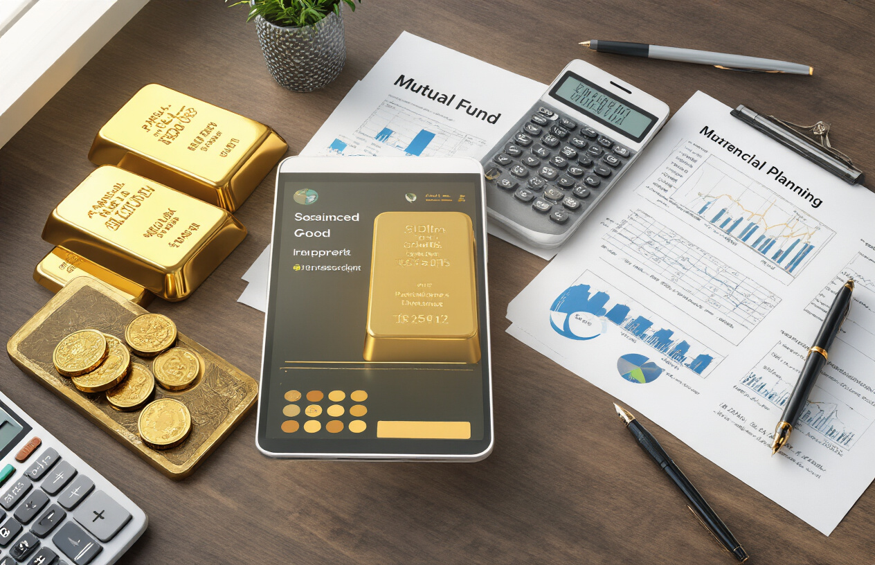 Create a realistic image of a modern office desk from above showing a balanced investment portfolio layout with three distinct sections: physical gold bars and coins on one side, a smartphone displaying digital gold investment app interface in the center, and mutual fund documents with charts and graphs on the other side, surrounded by financial planning tools like a calculator, pen, and notebook, with soft natural lighting from a window creating a professional atmosphere, absolutely NO text should be in the scene.