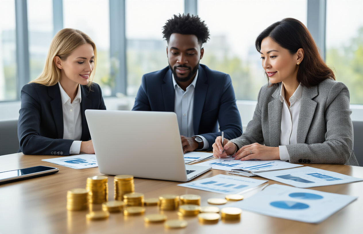 Create a realistic image of a diverse group of three people - a white female financial advisor, a black male young professional, and an Asian female middle-aged investor - sitting around a modern conference table with laptops, financial charts, and investment documents spread across the surface, with gold coins, a smartphone displaying investment apps, and mutual fund brochures visible on the table, set in a bright contemporary office environment with large windows showing natural daylight, conveying a professional consultation atmosphere where the advisor is helping clients make personalized investment decisions, absolutely NO text should be in the scene.