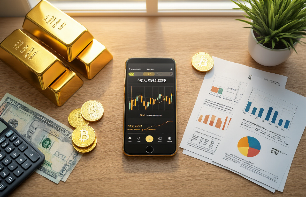 Create a realistic image of a modern wooden desk from above showing three distinct investment representations: shiny gold bars and coins on the left, a smartphone displaying a digital gold trading app with golden chart graphics in the center, and printed mutual fund documents with colorful pie charts and graphs on the right, with Indian rupee currency notes (₹500 and ₹1000 denominations) scattered around the items, a calculator nearby, soft natural lighting from a window creating gentle shadows, clean office environment background, representing the conclusion of an investment comparison analysis, absolutely NO text should be in the scene.