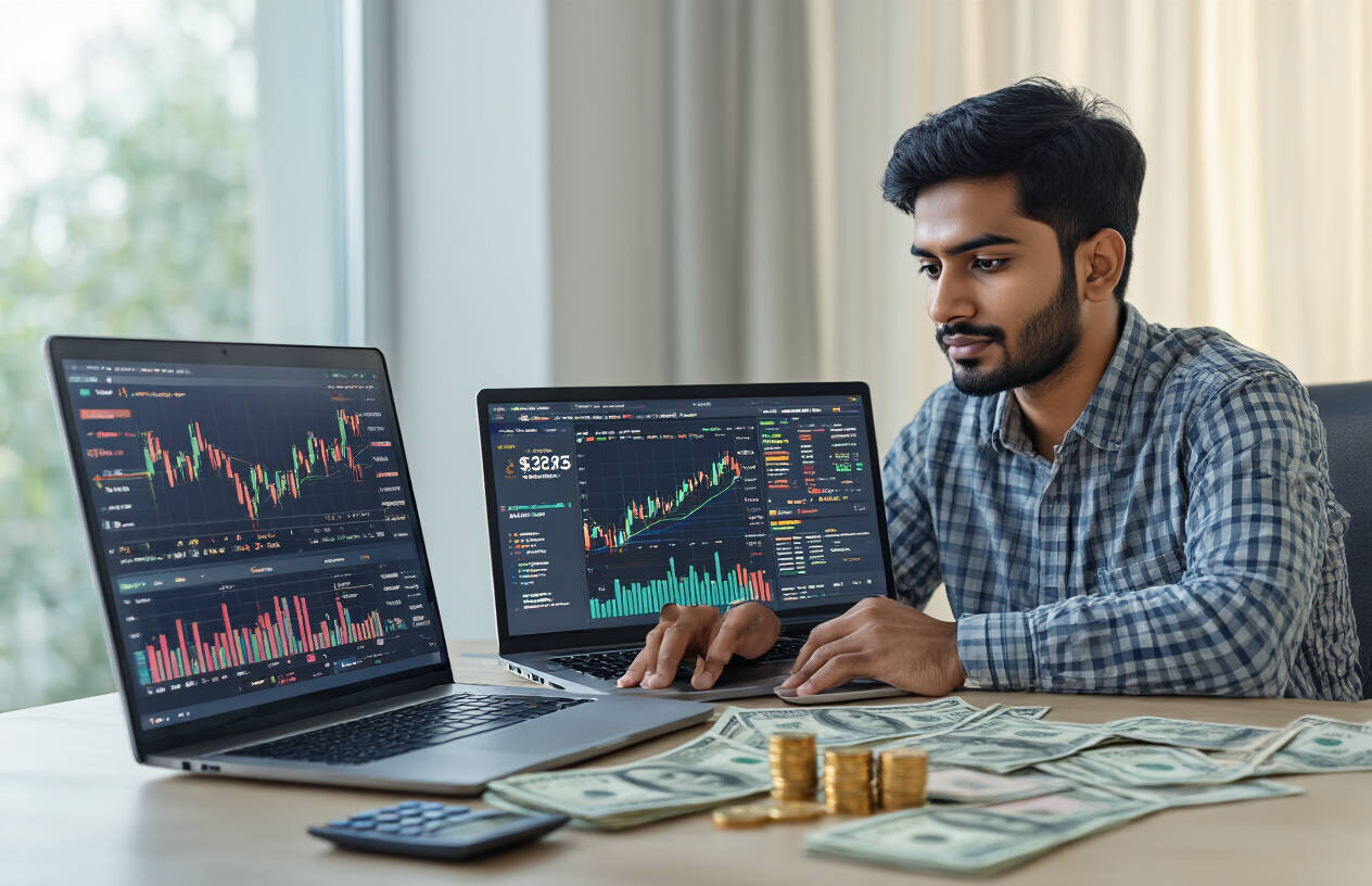Create a realistic image of a young Indian male professional in his 30s sitting at a modern desk with a laptop displaying colorful cryptocurrency charts and portfolio dashboards, surrounded by Indian rupee notes, a calculator, and financial documents, with a clean modern office background featuring soft natural lighting from a window, conveying a focused and educational atmosphere as he analyzes digital investment data, absolutely NO text should be in the scene.