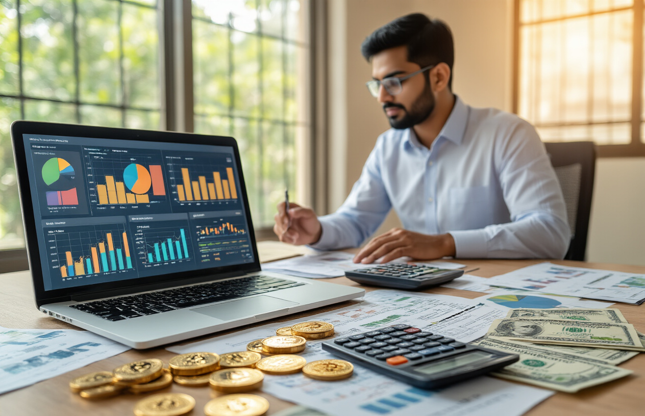 Create a realistic image of a modern workspace with a clean desk featuring an open laptop displaying colorful pie charts and portfolio allocation graphs, surrounded by Indian rupee banknotes, various cryptocurrency coins including Bitcoin and Ethereum, a calculator, and financial documents spread across the surface, with a professional Indian male in business attire analyzing the data in the background, warm natural lighting from a window creating a focused and strategic atmosphere, absolutely NO text should be in the scene.