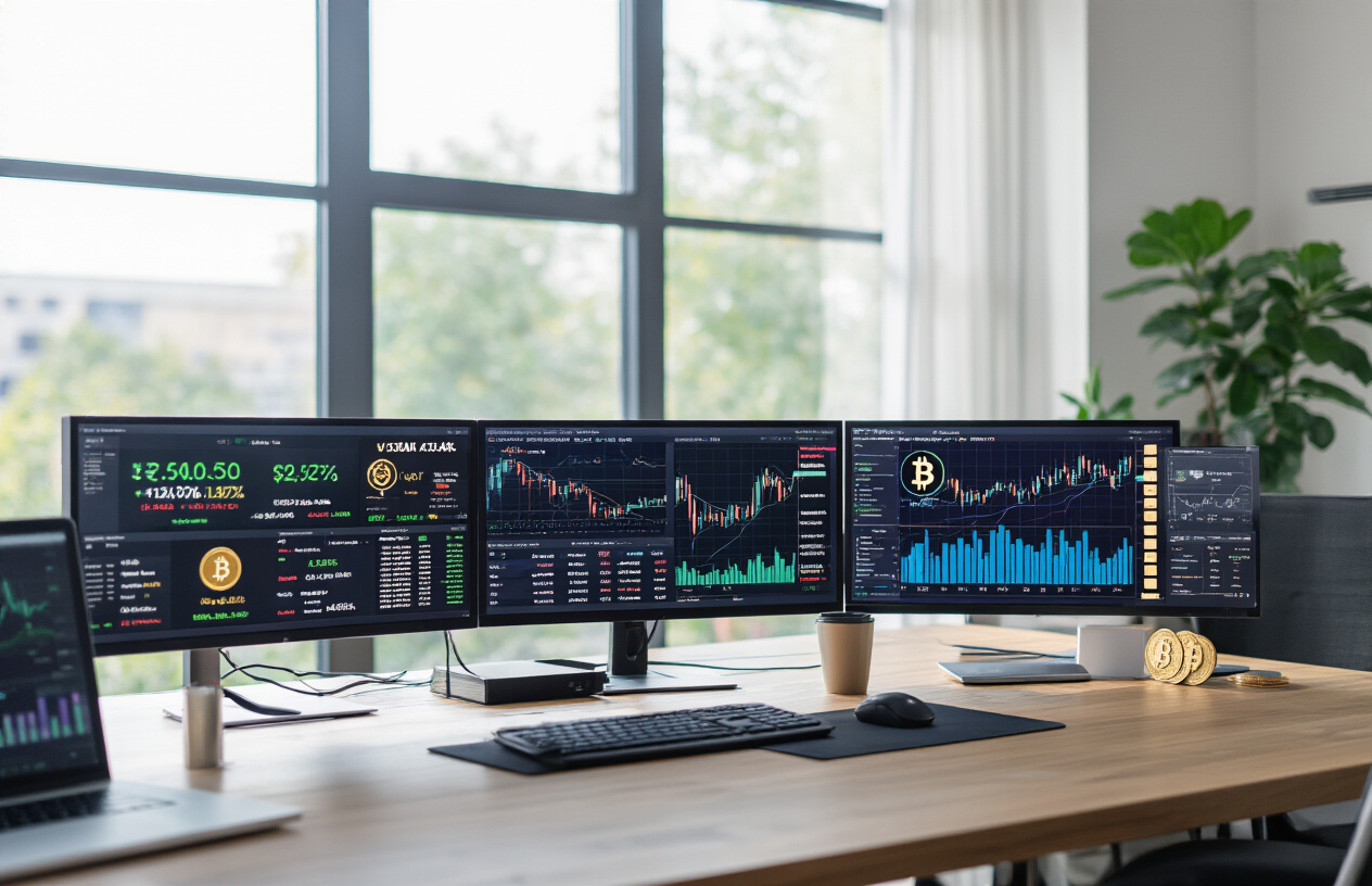 Create a realistic image of a modern financial workspace showing multiple computer monitors displaying cryptocurrency market data with different coin logos organized by market capitalization tiers, featuring charts and graphs with various use case categories like DeFi, payments, and smart contracts, set against a clean office environment with soft natural lighting from a window, including Indian Rupee currency symbols subtly integrated into the interface designs, with a professional atmosphere suggesting strategic investment planning, absolutely NO text should be in the scene.