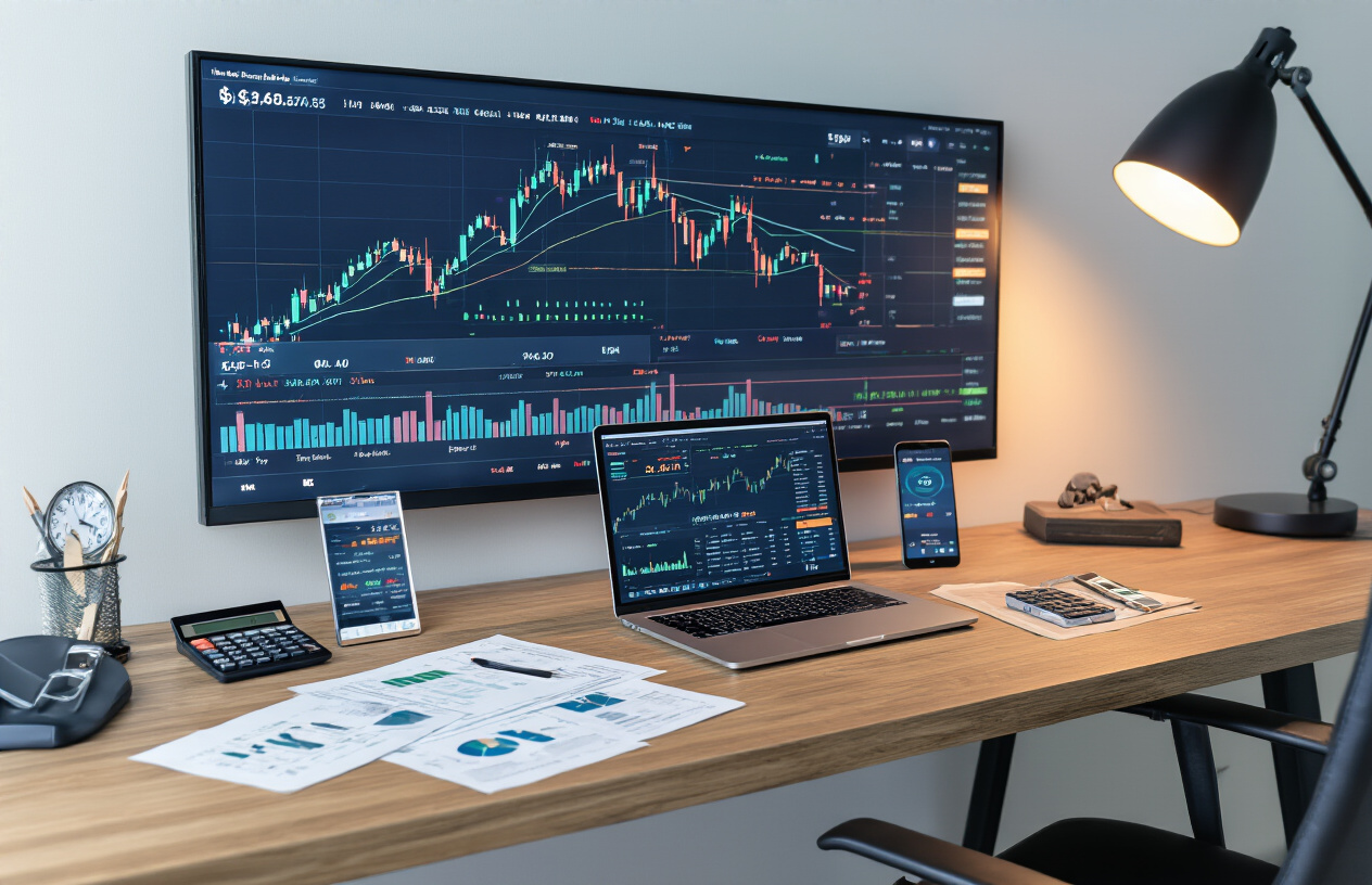 Create a realistic image of a modern financial workspace with a large wall-mounted display showing multiple cryptocurrency price charts, candlestick patterns, and timing indicators, with a sleek wooden desk featuring an open laptop displaying portfolio analytics, scattered financial documents, a calculator, and a smartphone showing crypto market data, complemented by a professional office chair, warm ambient lighting from a desk lamp, and a clean contemporary background with subtle blue and green color tones suggesting financial growth and stability, absolutely NO text should be in the scene.