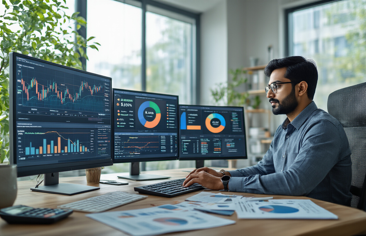 Create a realistic image of a professional South Asian male financial analyst sitting at a modern desk with multiple computer monitors displaying cryptocurrency portfolio charts, pie charts showing asset allocation percentages, and rebalancing indicators with Indian Rupee symbols, surrounded by financial documents and a calculator, in a well-lit contemporary office environment with natural lighting from large windows, conveying a focused and analytical mood as he reviews portfolio management strategies. Absolutely NO text should be in the scene.
