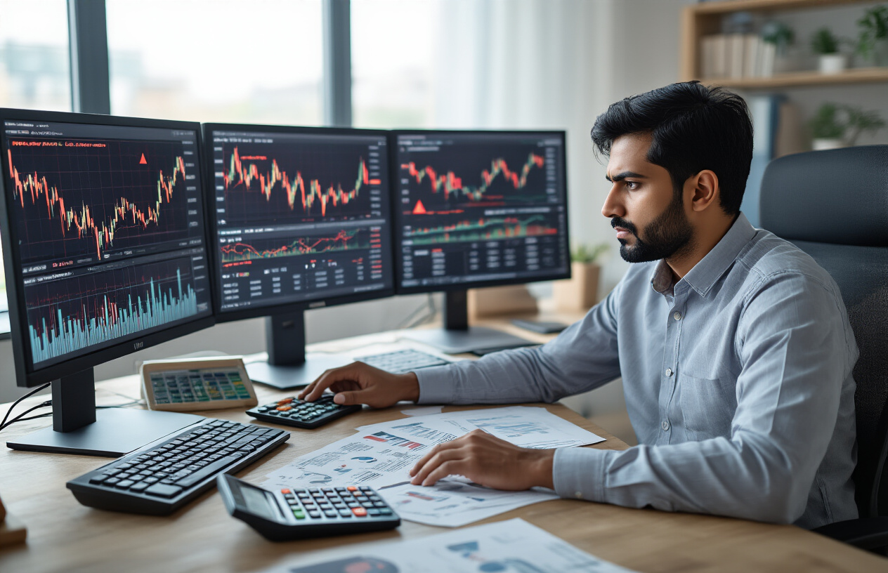 Create a realistic image of a focused Indian male professional in his 30s sitting at a modern desk with multiple computer monitors displaying cryptocurrency charts with red warning indicators and downward trending graphs, surrounded by financial documents and a calculator, with warning triangle symbols and risk assessment charts visible on the screens, set in a contemporary office environment with soft natural lighting from a window, conveying a serious and analytical mood as he reviews portfolio risk metrics, absolutely NO text should be in the scene.