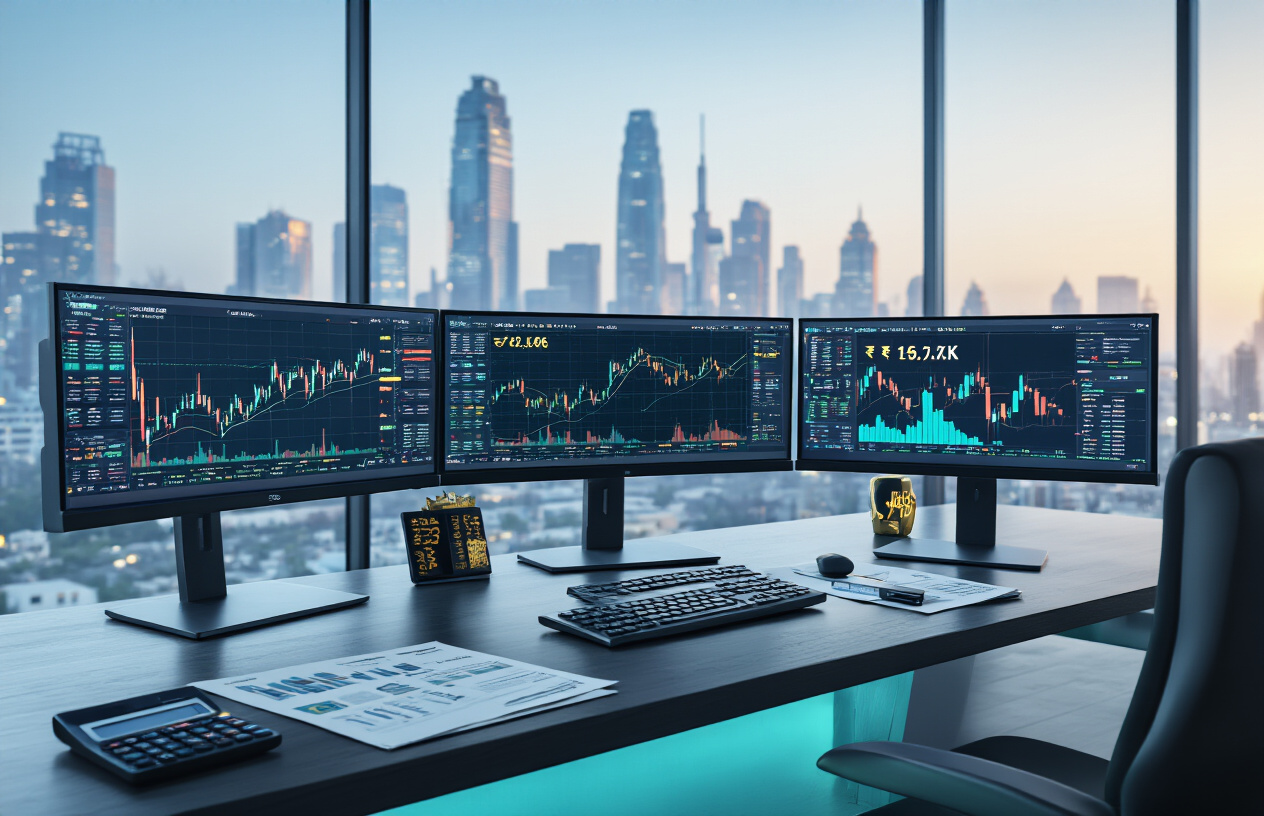 Create a realistic image of a modern financial analyst workspace showing multiple computer monitors displaying cryptocurrency charts, market trends, and portfolio analytics with Indian Rupee (INR) currency symbols, a sleek desk with financial documents and a calculator, professional office environment with glass windows showing a futuristic city skyline, clean and organized atmosphere with blue and green accent lighting suggesting growth and stability, absolutely NO text should be in the scene.
