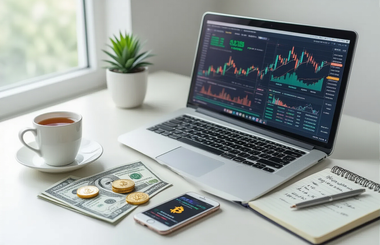 Create a realistic image of a modern Indian office desk setup with a laptop displaying colorful cryptocurrency portfolio charts and graphs, Indian rupee currency notes scattered nearby, a smartphone showing crypto trading apps, a notebook with handwritten investment notes, and a cup of tea, set against a clean minimalist background with soft natural lighting from a window, creating a professional and optimistic mood that represents successful crypto investment planning and portfolio management, absolutely NO text should be in the scene.