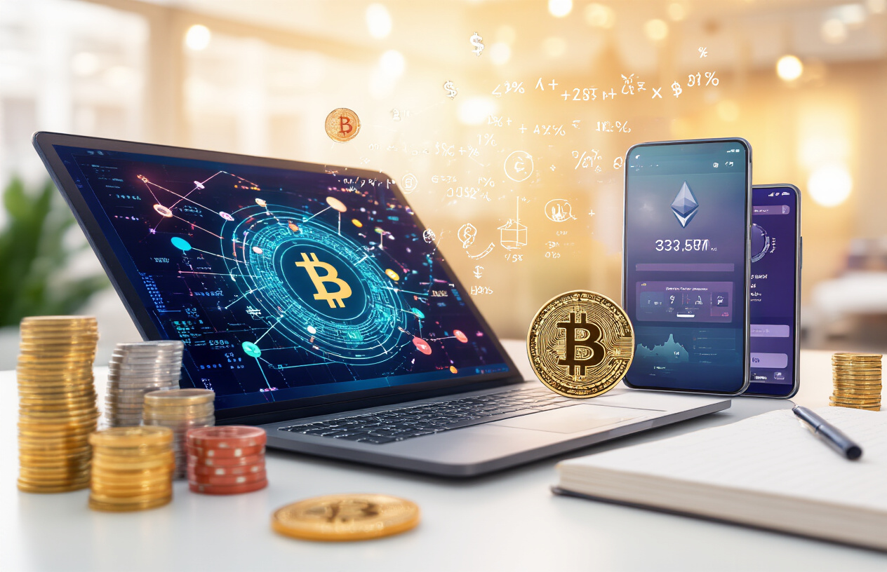 Create a realistic image of a modern workspace featuring a laptop computer displaying colorful blockchain network visualizations with interconnected nodes and digital coins, surrounded by stacks of physical cryptocurrency coins including Bitcoin and Ethereum, with a smartphone showing a crypto wallet interface, mathematical formulas and percentage symbols floating subtly in the background, warm ambient lighting creating a professional yet approachable atmosphere, clean desk surface with a notebook and pen nearby, soft focus background suggesting a contemporary office environment, absolutely NO text should be in the scene.