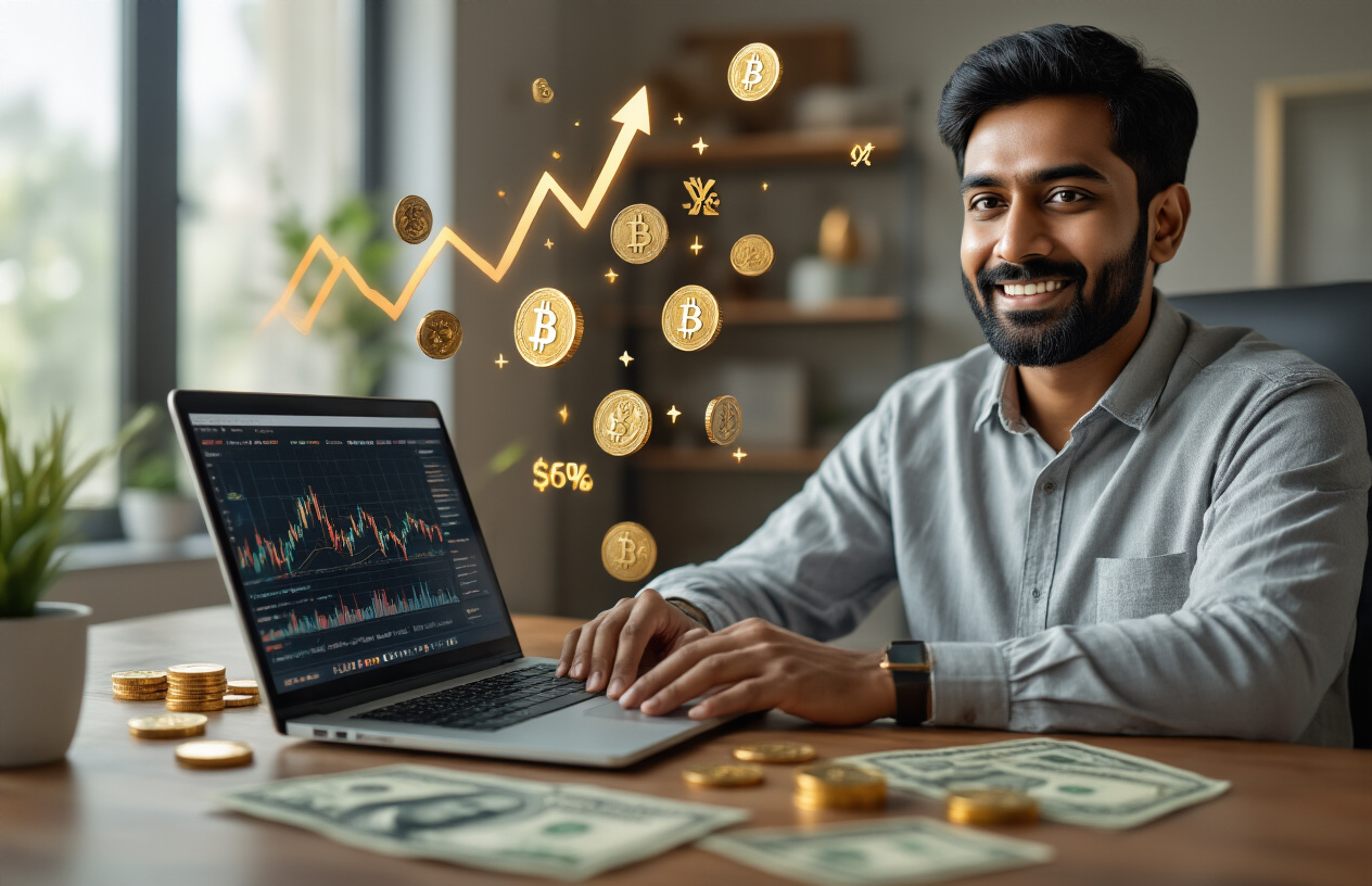 Create a realistic image of an Indian male investor in his 30s sitting at a modern desk with a laptop displaying cryptocurrency charts and staking rewards, surrounded by visual elements representing financial growth including upward trending arrows, coin stacks, and percentage symbols floating in the air, with Indian rupee notes and various cryptocurrency coins scattered on the desk, set in a contemporary home office with warm lighting that conveys success and prosperity, absolutely NO text should be in the scene.