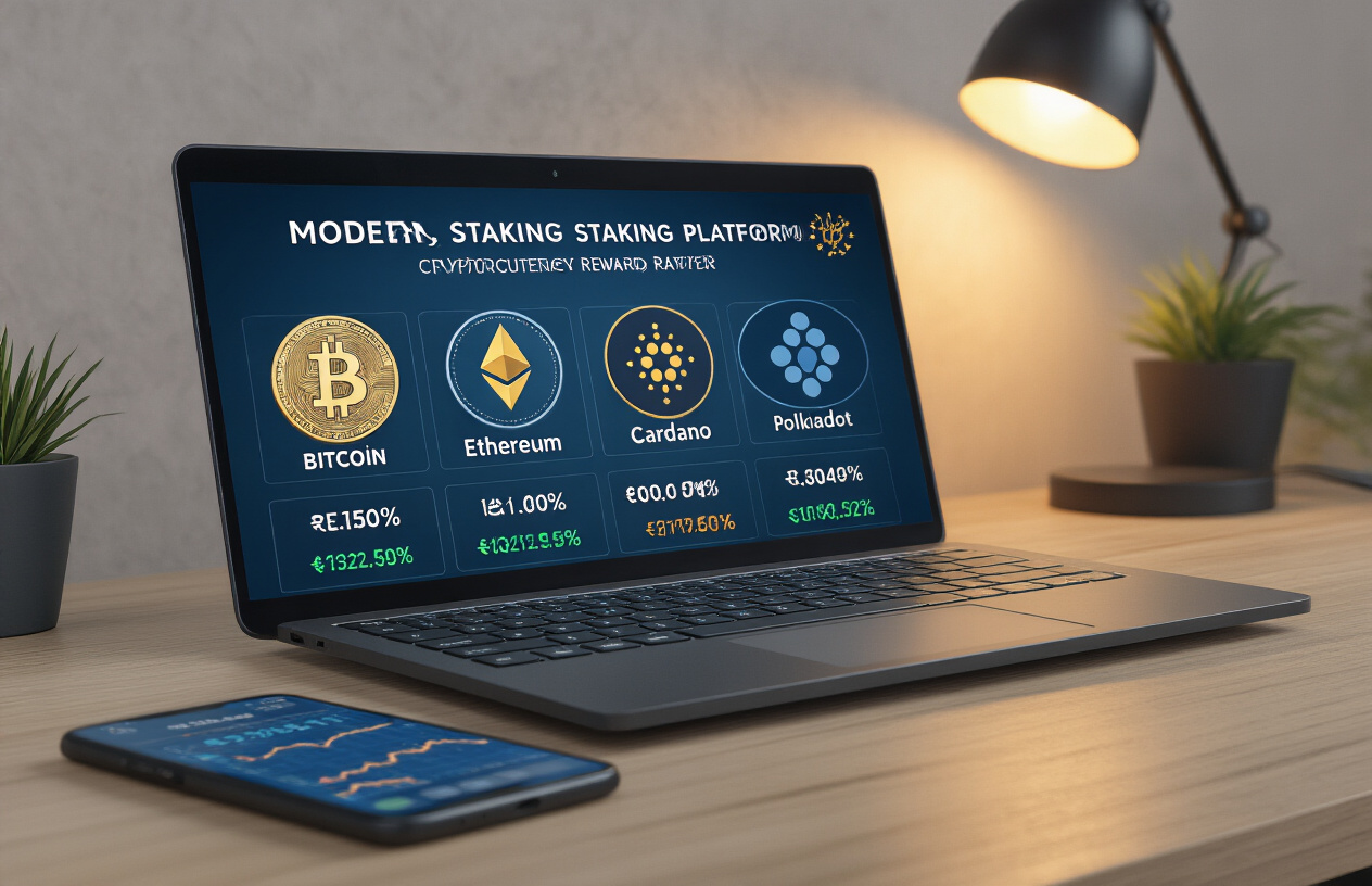 Create a realistic image of a modern laptop screen displaying a cryptocurrency staking platform interface with multiple cryptocurrency logos (Bitcoin, Ethereum, Cardano, Polkadot) arranged in a grid layout, each showing different percentage reward rates, with Indian rupee symbols visible, set on a clean wooden desk with a smartphone nearby also showing crypto charts, warm ambient lighting from a desk lamp, professional home office environment with subtle blue and gold accent colors reflecting digital finance theme, Absolutely NO text should be in the scene.