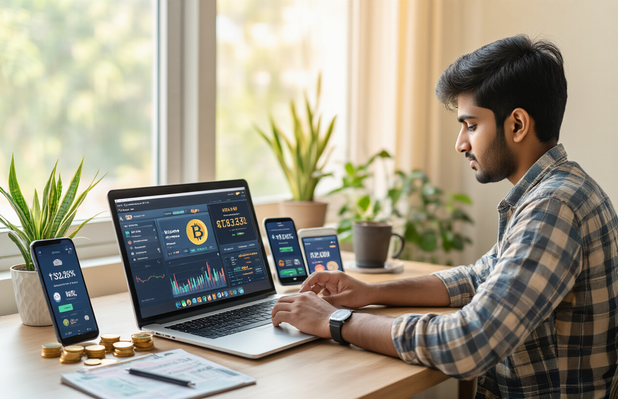 Create a realistic image of a young Indian male sitting at a modern desk with a laptop open, displaying cryptocurrency staking platform interfaces on the screen, with multiple smartphone devices showing different crypto apps arranged on the desk, Indian rupee notes and coins scattered nearby, a notepad with a pen for taking notes, warm natural lighting from a window, clean modern home office environment with plants in the background, focused and concentrated mood as he compares different staking options, absolutely NO text should be in the scene.