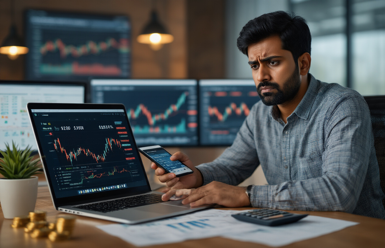 Create a realistic image of an Indian male investor in his 30s sitting at a modern desk with a concerned expression, analyzing cryptocurrency data on a laptop screen showing declining charts and risk indicators, with a smartphone displaying staking portfolio, calculator, and financial documents spread on the desk, warm office lighting creating a focused atmosphere, background showing blurred financial charts on wall monitors, emphasizing careful risk assessment and strategic planning, absolutely NO text should be in the scene.
