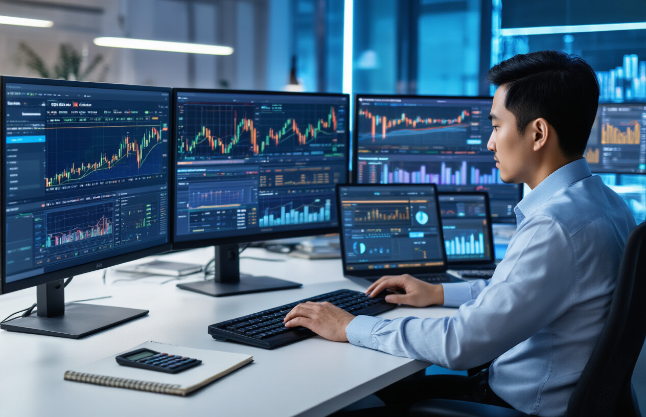 Create a realistic image of a sophisticated trading setup showing multiple computer monitors displaying advanced cryptocurrency staking dashboards with complex charts, graphs, and portfolio analytics, featuring a South Asian male trader in his 30s wearing a business shirt analyzing staking strategies, with additional monitors showing DeFi protocols and yield farming interfaces, modern office environment with ambient blue lighting from screens, professional atmosphere suggesting expertise and advanced financial knowledge, clean desk with notebook and calculator, absolutely NO text should be in the scene.