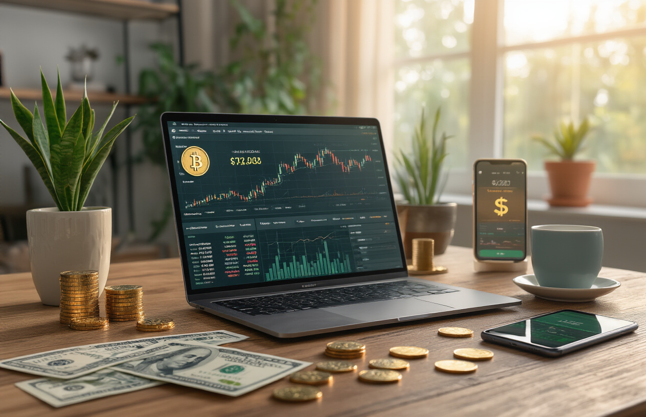 Create a realistic image of a modern workspace featuring a sleek laptop displaying cryptocurrency charts and staking dashboard interfaces on the screen, with Indian rupee notes and coins scattered nearby on a wooden desk, a smartphone showing crypto portfolio gains, a small potted plant, and a coffee cup, set against a contemporary home office background with warm natural lighting streaming through a window, creating an atmosphere of financial success and passive income generation, with golden and green color tones suggesting prosperity and growth, absolutely NO text should be in the scene.