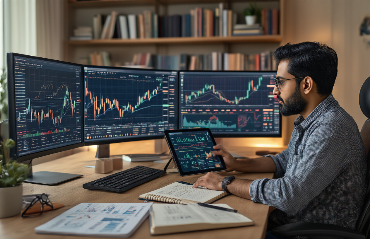 Create a realistic image of an Indian male investor sitting at a modern desk with multiple computer monitors displaying cryptocurrency charts, graphs, and market data, surrounded by financial documents, notebooks with handwritten analysis, and a tablet showing research articles, in a well-lit home office with warm lighting, conveying a focused and analytical mood as he carefully studies the information before making investment decisions, with a bookshelf containing financial books in the background, absolutely NO text should be in the scene.