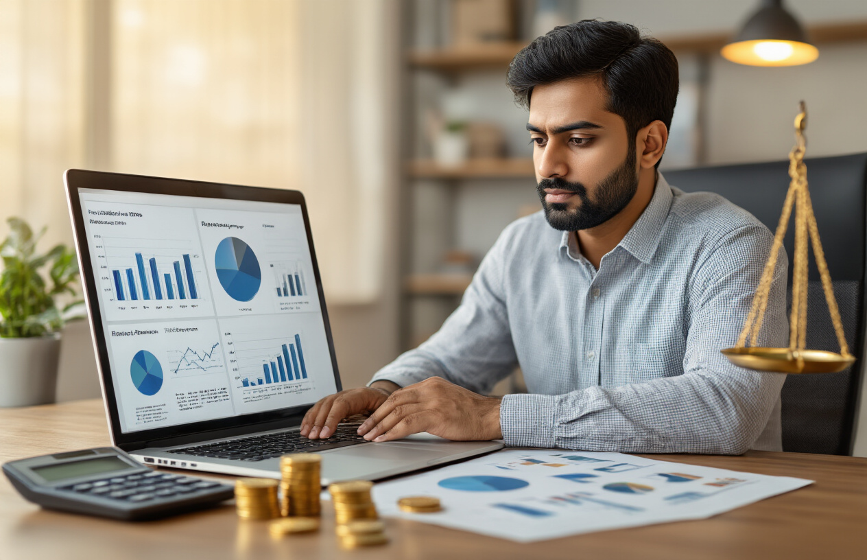 Create a realistic image of a South Asian male professional in his 30s sitting at a modern desk with a laptop open, analyzing multiple pie charts and bar graphs displayed on the screen showing portfolio diversification, with physical documents spread on the desk containing risk assessment charts, a calculator nearby, Bitcoin and other cryptocurrency coins placed strategically on the desk surface, a balanced scale showing risk versus reward in the background, warm office lighting creating a focused studying atmosphere, the scene conveying careful financial planning and analysis, absolutely NO text should be in the scene.