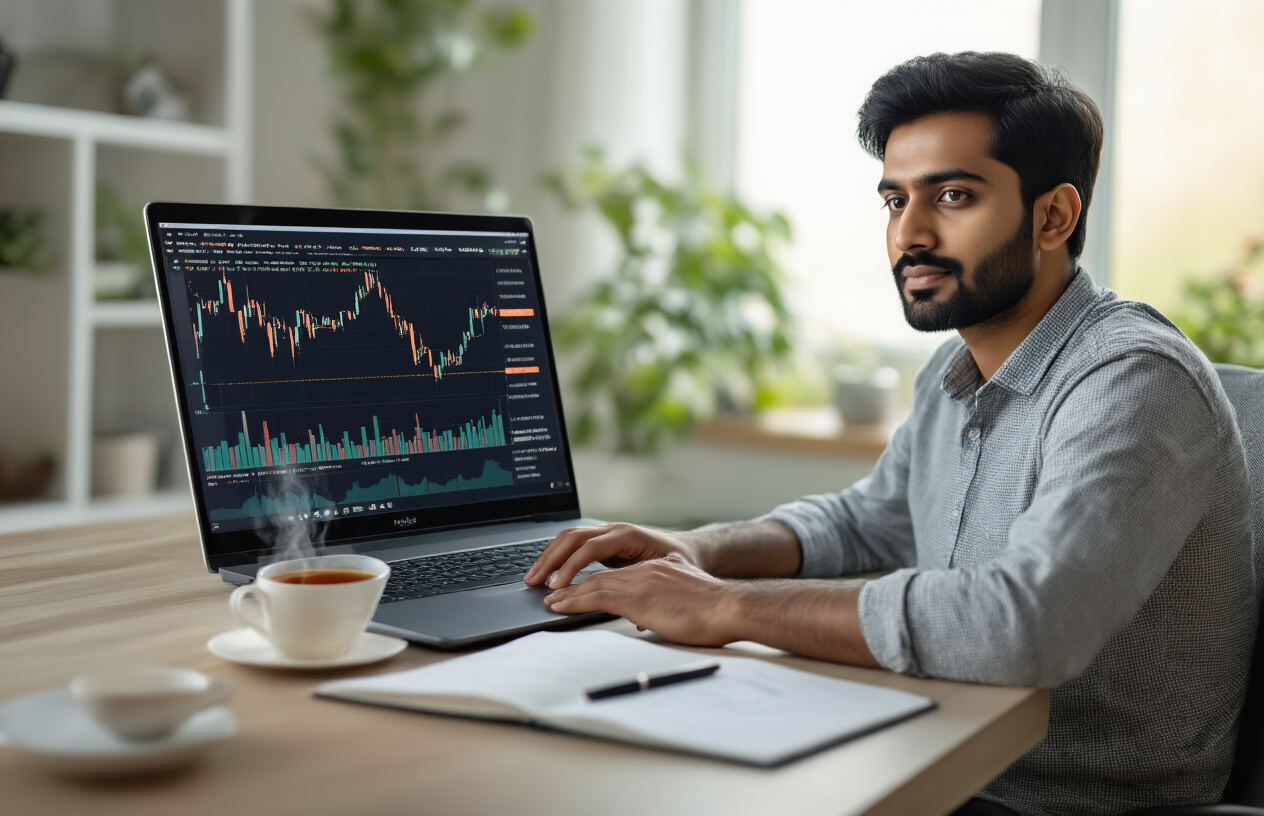 Create a realistic image of a calm Indian male investor in his 30s sitting at a modern desk with a laptop displaying cryptocurrency charts showing volatile price movements, while he maintains a composed expression and relaxed posture, surrounded by a serene home office environment with soft natural lighting from a window, complemented by a steaming cup of tea, a notebook with a pen, and subtle green plants in the background to convey emotional stability and rational decision-making during market turbulence, absolutely NO text should be in the scene.