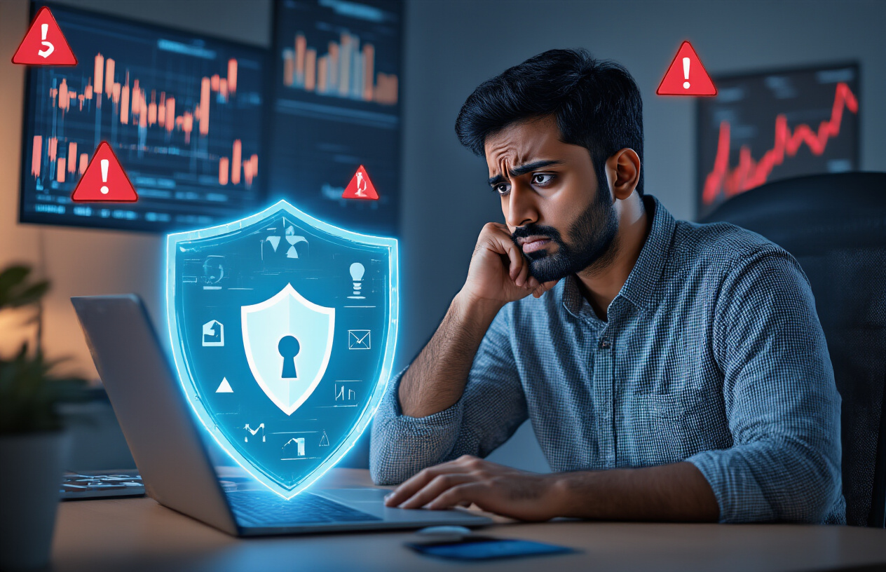Create a realistic image of a South Asian male in his 30s sitting at a desk with a laptop, looking concerned while viewing his computer screen, with a smartphone displaying warning symbols nearby, a shield icon prominently placed on the desk representing protection, red warning triangles and exclamation marks floating subtly around the scene, dark moody lighting with blue computer screen glow illuminating his face, modern home office background with financial charts on wall, creating an atmosphere of caution and cybersecurity awareness, absolutely NO text should be in the scene.