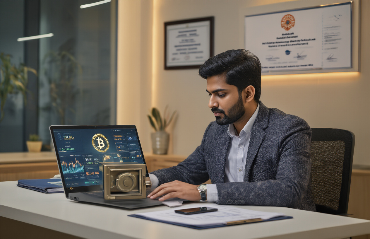 Create a realistic image of a modern Indian office setting with a South Asian male professional sitting at a clean desk working on a laptop displaying cryptocurrency security dashboard, with a digital safe or vault icon visible on the screen, important documents and a smartphone placed neatly on the desk, Indian regulatory compliance certificates mounted on the wall in the background, warm office lighting creating a professional and secure atmosphere, absolutely NO text should be in the scene.