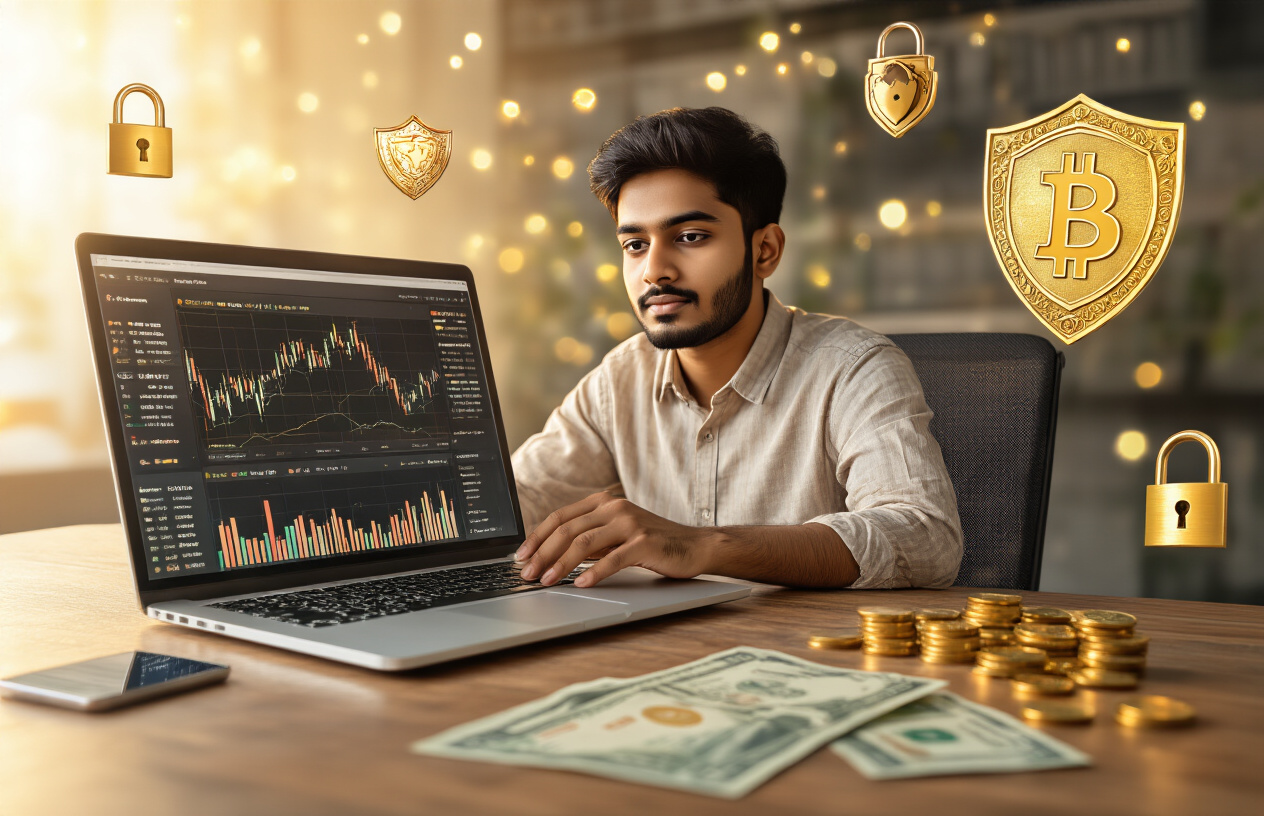 Create a realistic image of a young Indian male sitting confidently at a modern desk with a laptop displaying cryptocurrency charts and graphs, surrounded by security symbols like shield icons and padlock symbols floating subtly in the air, with Indian rupee notes and coins scattered on the desk alongside a smartphone showing a crypto wallet interface, warm golden lighting creating an atmosphere of financial success and security, clean modern office background with subtle bokeh effect, the person appearing calm and knowledgeable while reviewing investment data, absolutely NO text should be in the scene.