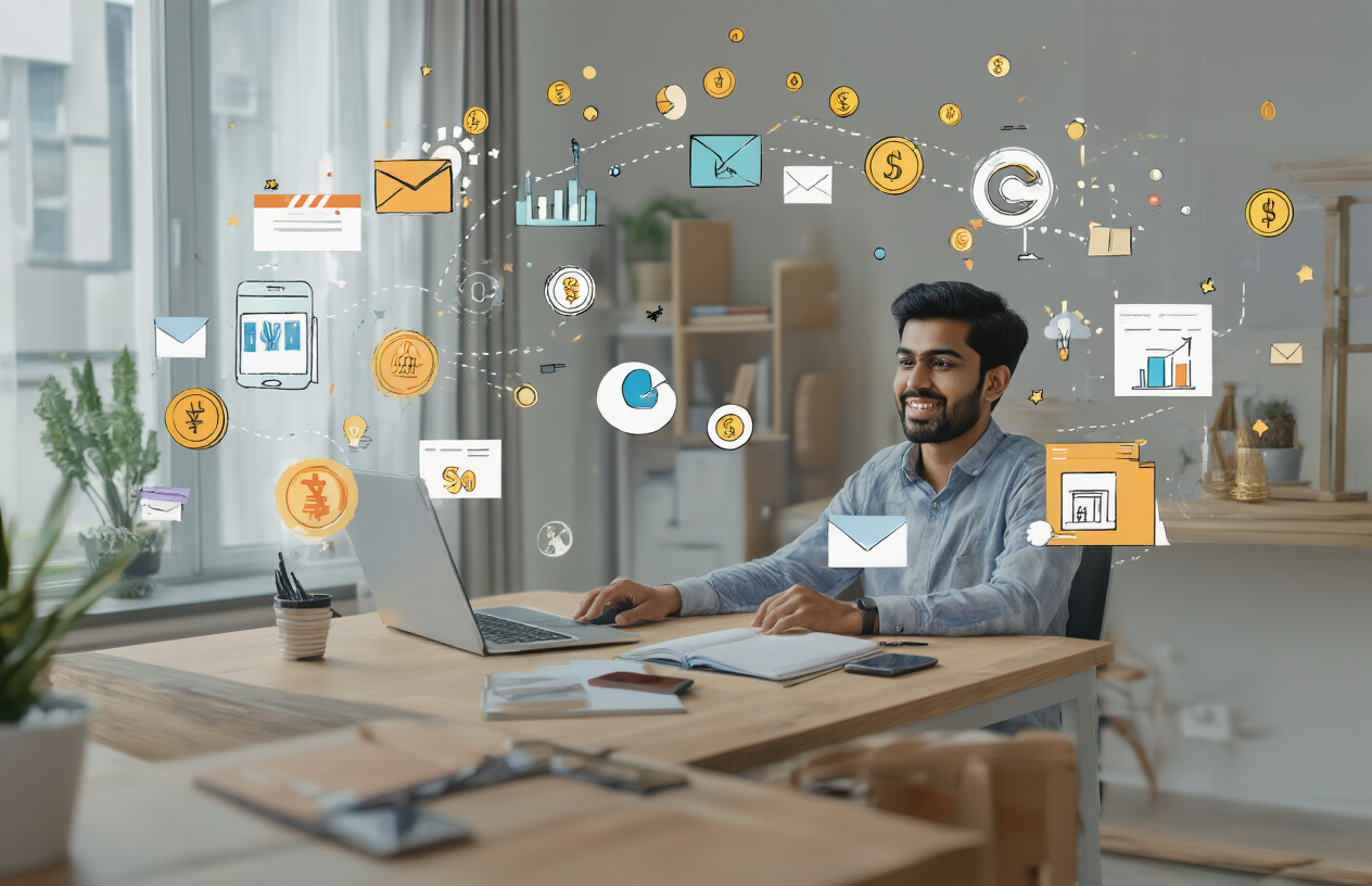 Create a realistic image of a modern Indian workspace featuring a young Indian male entrepreneur sitting at a clean desk with a laptop, smartphone, and notebook, surrounded by visual representations of online business concepts including e-commerce packages, digital marketing icons, and floating rupee symbols, set against a contemporary home office background with soft natural lighting from a window, conveying an atmosphere of innovation and opportunity, with warm and inspiring tones that suggest financial growth and digital success, absolutely NO text should be in the scene.