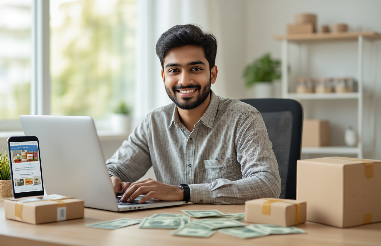 Create a realistic image of a young Indian male entrepreneur sitting at a modern desk with a laptop open, surrounded by small business items including packaged products, a smartphone displaying an online store interface, small cardboard shipping boxes, and Indian rupee notes scattered on the desk, with a clean modern home office background featuring warm natural lighting from a window, conveying an entrepreneurial and cost-effective business atmosphere, absolutely NO text should be in the scene.