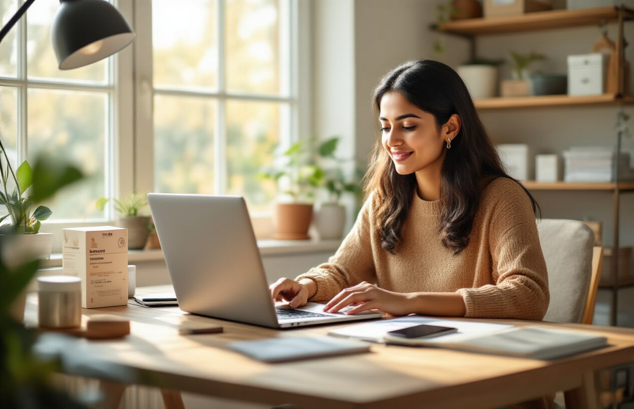 Create a realistic image of an Indian female entrepreneur working from her home office setup, sitting at a wooden desk with a laptop, smartphone, and notebook, surrounded by service business elements like a small product packaging area, consultation materials, and organized shelves with supplies, in a well-lit room with natural sunlight streaming through a window, creating a productive and professional home-based business atmosphere, with warm and inviting lighting that emphasizes the cozy yet efficient workspace environment, absolutely NO text should be in the scene.