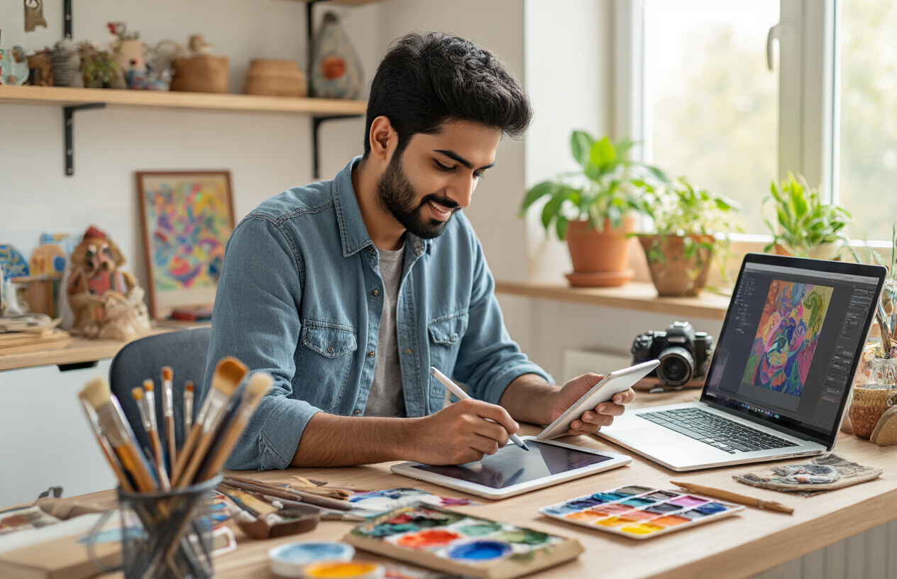 Create a realistic image of an Indian male artist in his late twenties sitting at a modern desk working on digital art on a tablet with stylus, surrounded by creative tools including paintbrushes, color palette, camera, laptop showing design software, handmade crafts, and art supplies, in a bright home studio with natural lighting from a window, plants in the background, warm and inspiring atmosphere showcasing various creative skills and artistic ventures, absolutely NO text should be in the scene.