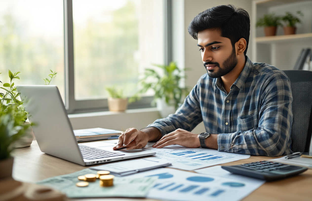 Create a realistic image of a young Indian male entrepreneur sitting at a modern desk with a laptop open, surrounded by organized business planning materials including notebooks, calculators, and charts showing budget breakdowns, with Indian rupee currency notes and coins visible on the desk, bright natural lighting from a window, clean office environment with plants in the background, the person appears focused and determined while working on business planning documents, warm and professional atmosphere suggesting successful business launch preparation, absolutely NO text should be in the scene.