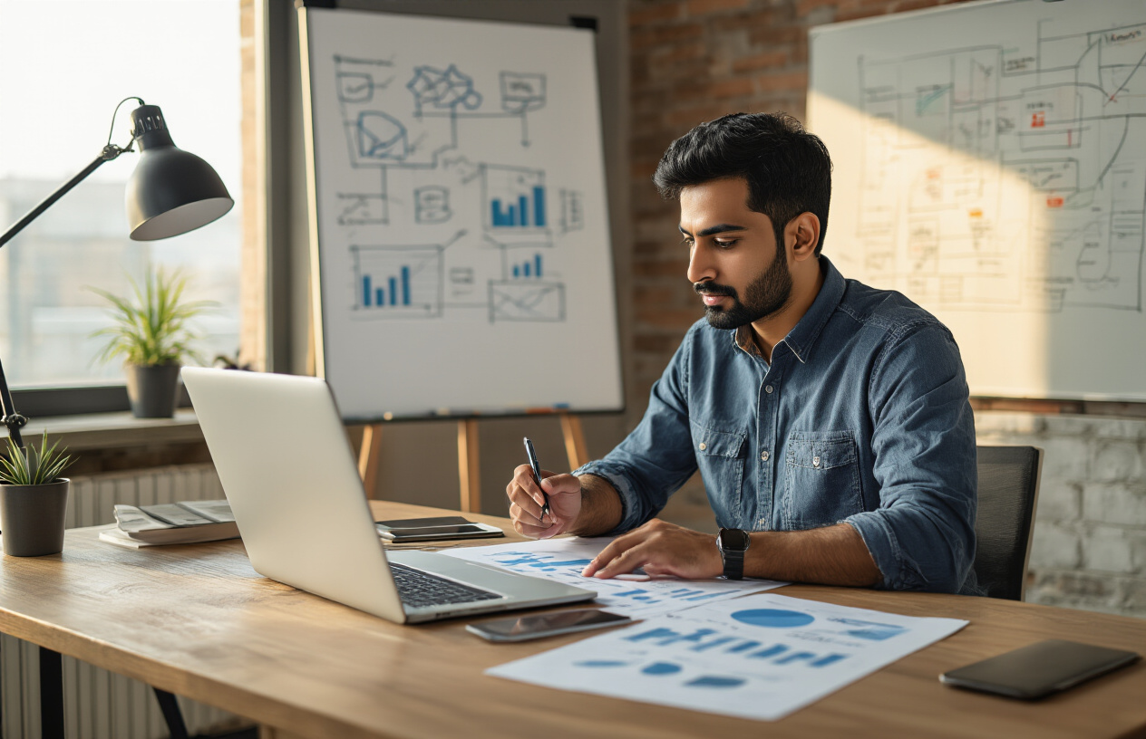 Create a realistic image of a professional Indian male entrepreneur in his 30s sitting at a modern office desk with an open laptop, holding a pen while reviewing business documents and charts spread across the desk, with a whiteboard in the background showing business planning diagrams and flowcharts, warm natural lighting from a window, conveying focus and strategic thinking, absolutely NO text should be in the scene.