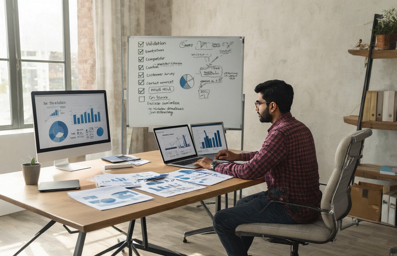 Create a realistic image of an Indian male entrepreneur in his early 30s sitting at a modern desk with a laptop, surrounded by research materials including market analysis charts, competitor comparison sheets, and customer survey forms spread across the desk, with a whiteboard in the background showing validation checkmarks and business concept sketches, in a well-lit contemporary office space with warm natural lighting from a window, conveying a focused and analytical mood as he evaluates his business concept, absolutely NO text should be in the scene.