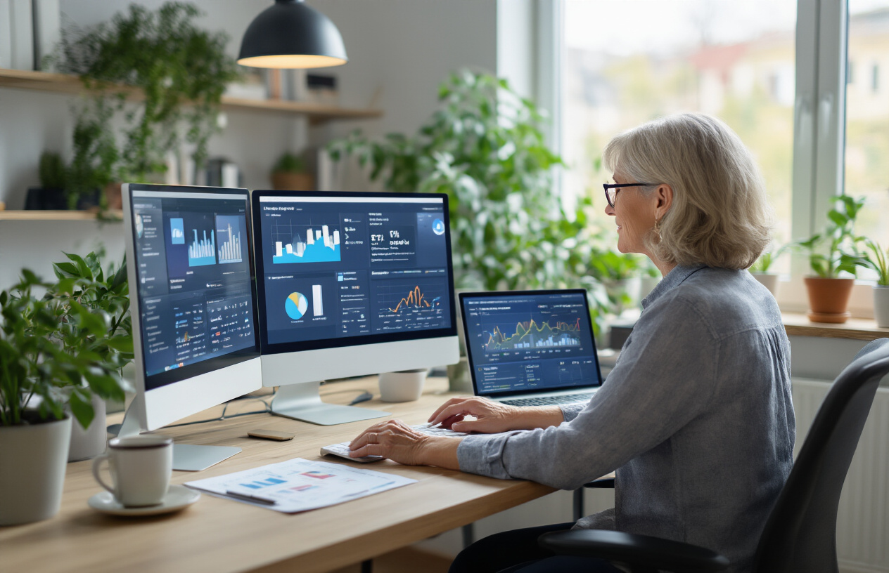 Create a realistic image of a small business owner, a middle-aged white female, sitting at a modern desk in a bright, contemporary office space, looking at multiple device screens showing various social media platform interfaces with engagement metrics and graphs displaying upward growth trends, with potted plants and natural lighting from a window creating a positive, productive atmosphere, surrounded by business planning materials and a coffee cup, conveying focus and success in digital marketing efforts, absolutely NO text should be in the scene.