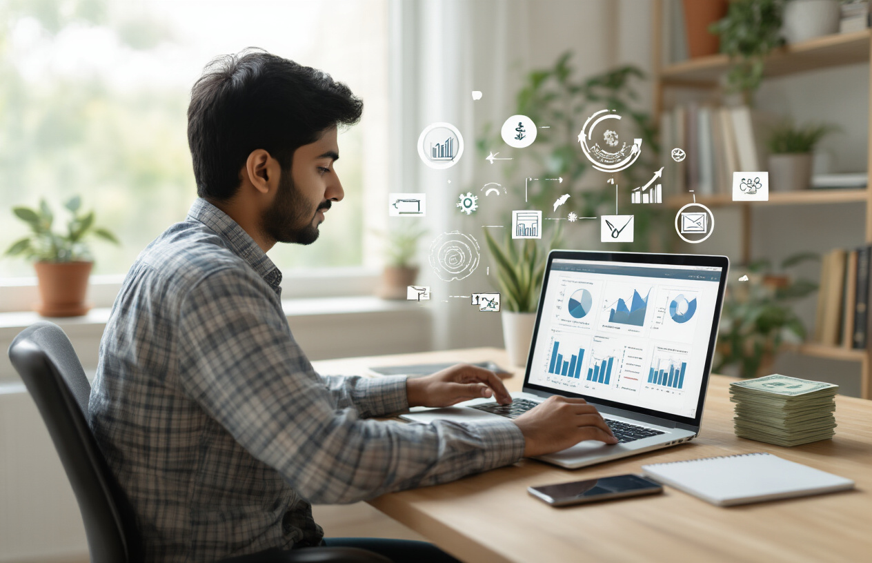 Create a realistic image of a young Indian male entrepreneur sitting at a modern home office desk with a laptop open, showing graphs and charts on the screen indicating business growth, surrounded by visual elements representing low investment such as a small stack of Indian rupee notes, a smartphone, and a notebook, with icons floating subtly in the background representing online business concepts like e-commerce, digital marketing, and web services, warm natural lighting from a nearby window creating an optimistic and productive atmosphere, clean minimalist background with plants and bookshelves, conveying success and opportunity in the digital economy, absolutely NO text should be in the scene.