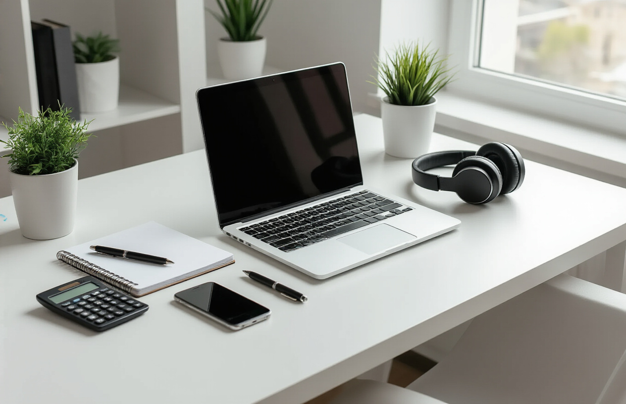 Create a realistic image of a modern workspace desk featuring essential digital business tools including a sleek laptop computer, smartphone, wireless headphones, notebook with pen, calculator, and a small potted plant, arranged on a clean white wooden desk surface with soft natural lighting from a nearby window, creating a professional and organized atmosphere perfect for online entrepreneurship, with a minimalist background showing part of a contemporary home office setup. Absolutely NO text should be in the scene.
