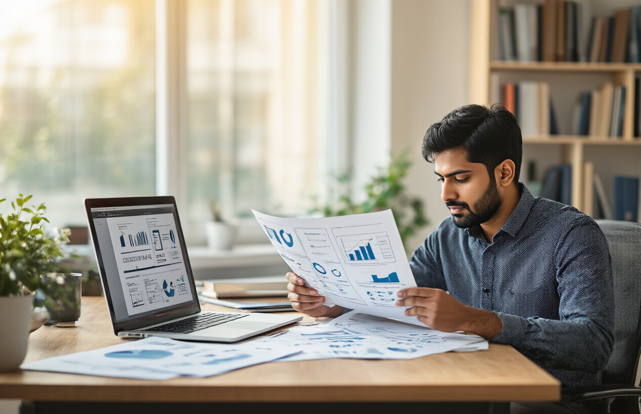 Create a realistic image of a professional Indian male entrepreneur sitting at a modern office desk, carefully examining and comparing different business plan templates and documents spread across the surface, with a laptop open showing business plan formats, organizational charts and flowcharts visible on papers, warm natural lighting from a window, clean contemporary office environment with bookshelves in the background, focused and thoughtful mood as he evaluates various business planning options, absolutely NO text should be in the scene.